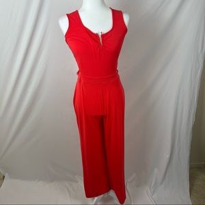 Red Pants Jumpsuit with Cutouts at the Waist
